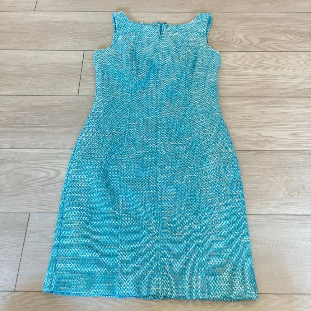 Talbots Petites Dress 4P Turquoise White Sleeveless Textured Career Sheath‎